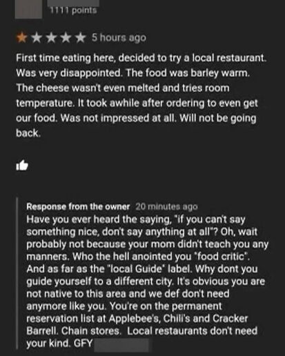 This restaurant doesn't take criticism well